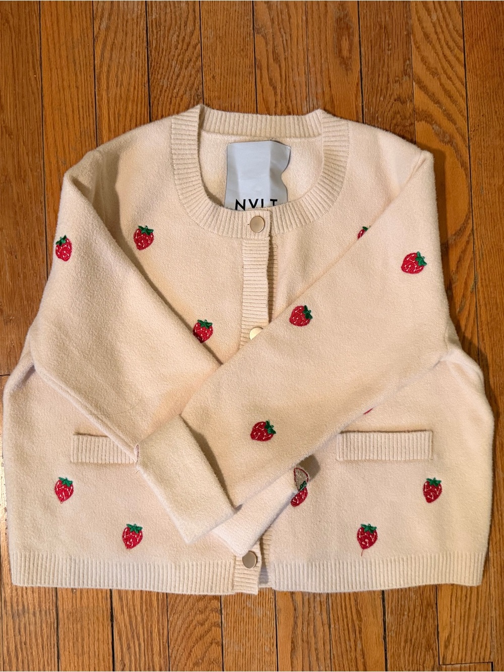 Anthropology NVLT Cream Cardigan with Red Strawberry Embroidery NWOT - Picture 2 of 8